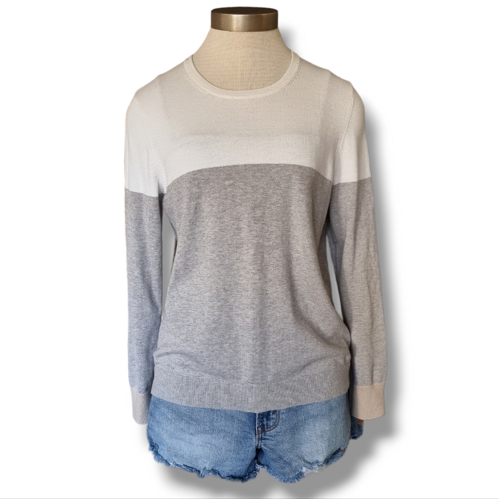 Ann Taylor Women's Gray Tan Cream Color Block Long Sleeve Sweater size XLP